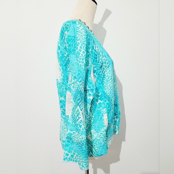 Ruby Rd. Womens Size 16 Aqua Blue Embellished Neckline Linen Blend Blouse/jacket - Picture 4 of 12